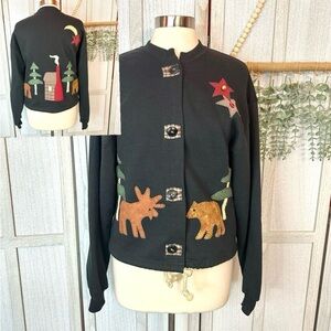 Rustic Wilderness Moose Bear Cardigan Tree Cabin Sweater Womens Black Large Vtg